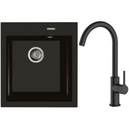Zestaw Oltens Gravan zlewozmywak granitowy 1-komorowy 47x51,5 cm z baterią kuchenną Skafta czarny mat (72001300, 35206300)
