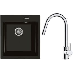 Zestaw Oltens Gravan zlewozmywak granitowy 1-komorowy 47x51,5 cm z baterią kuchenną Litla czarny mat/chrom (72001300, 35204100)