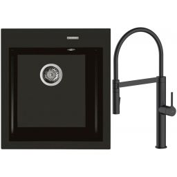 Zestaw Oltens Gravan zlewozmywak granitowy 1-komorowy 47x51,5 cm z baterią kuchenną Borga czarny mat (72001300, 35207300)