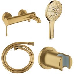 Zestaw Grohe Essence bateria wannowo-prysznicowa ścienna z zestawem prysznicowym złoty (33624GN1, 28362GL1, 26574GN0, 27074GN0)