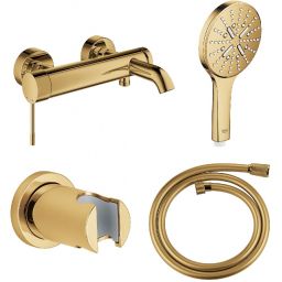 Zestaw Grohe Essence bateria wannowo-prysznicowa ścienna z zestawem prysznicowym złoty (33624GL1, 28362GL1, 26574GL0, 27074GL0)