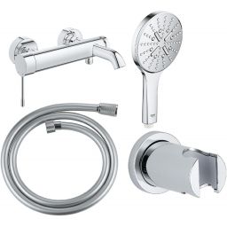 Zestaw Grohe Essence bateria wannowo-prysznicowa ścienna z zestawem prysznicowym chrom (33624001, 22112000, 26574000, 27074000)