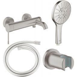 Zestaw Grohe Essence bateria wannowo-prysznicowa ścienna z zestawem prysznicowym stal nierdzewna (33624DC1, 28362DC1, 26574DC0, 27074DC0)