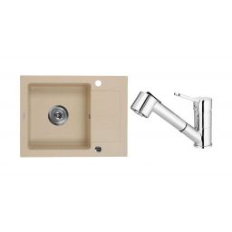 Zestaw Deante Zorba zlewozmywak granitowy piaskowy z baterią kuchenną Narcyz chrom (ZQZ711A, BDN071M)
