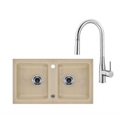 Zestaw Deante Zorba zlewozmywak granitowy piaskowy z baterią kuchenną Lukrecja chrom (ZQZ7203, BDH072M)