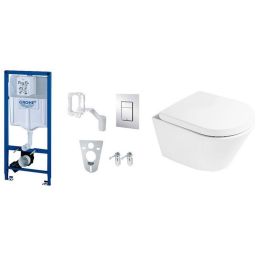 Zestaw Grohe Rapid SL Fresh Cosmopolitan stelaż podtynkowy 5w1 z przyciskiem chrom błyszczący i miska WC wisząca PureRim z deską wolnoopadającą Oltens Jog (38827000, 42001000, 45101000)