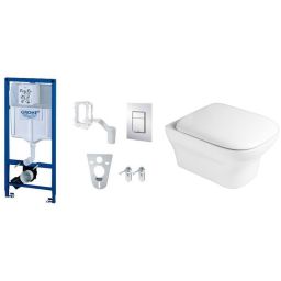 Zestaw Grohe Rapid SL Fresh Cosmopolitan stelaż podtynkowy 5w1 z przyciskiem chrom błyszczący i miska WC wisząca PureRim z deską wolnoopadającą Oltens Gulfoss (38827000, 42003000, 45105000)