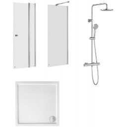 Zestaw Roca Capital kabina prysznicowa 90 cm kwadratowa z brodzikiem Malaga Square Compact i zestawem termostatycznym Victoria chrom/szkło przezroczyste (AM4609012M, AM4409012M, A276256000, A5A9F18C00)