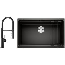 Zestaw Blanco Etagon 700-U zlewozmywak granitowy czarny z baterią kuchenną Catris-S Flexo czarny mat (525891, 525793)