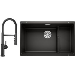 Zestaw Blanco Subline 700-U Level zlewozmywak granitowy czarny z baterią kuchenną Catris-S Flexo czarny mat (526004, 525793)