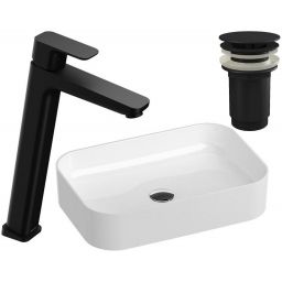 Zestaw Ravak Ceramic Slim R umywalka z baterią stojącą 10° Free Black i korkiem czarny mat (XJX01155002, X01762, X070151)