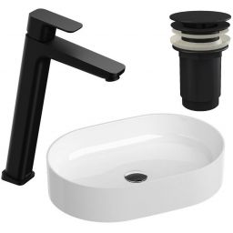 Zestaw Ravak Ceramic 550 SLIM O umywalka z baterią stojącą 10° Free Black korkiem czarny mat (XJX01155001, X01762, X070151)