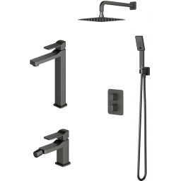 Zestaw Omnires Slide zestaw prysznicowy podtynkowy termostatyczny z deszczownicą, baterią umywalkową wysoką i baterią bidetową grafit (SL7712GR, SYSSL11GR, SL7720GR)