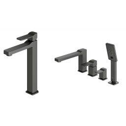 Zestaw Omnires Slide bateria wannowo-prysznicowa 4-otworowa i bateria umywalkowa wysoka grafit (SL7712GR, SL7732GR)