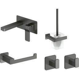Zestaw Omnires Slide bateria umywalkowa podtynkowa ze szczotką toaletową, uchwytem na papier toaletowy i dwoma haczykami Nelson grafit (SL7715GR, NL80620GR, NL80510GR, NL80115GR, NL80115GR)