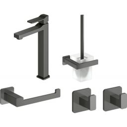 Zestaw Omnires Slide bateria umywalkowa wysoka ze szczotką toaletową, uchwytem na papier toaletowy i dwoma haczykami Nelson grafit (SL7712GR, NL80620GR, NL80510GR, NL80115GR, NL80115GR)