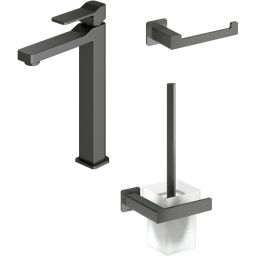 Zestaw Omnires Slide bateria umywalkowa wysoka ze szczotką toaletową i uchwytem na papier toaletowy Nelson grafit (SL7712GR, NL80620GR, NL80510GR)