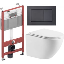 Zestaw Omnires Ottawa miska WC z deską wolnoopadającą i stelaż podtynkowy Tece Base z przyciskiem spłukującym Now czarny mat (OTTAWAMWBP, 9400407, 9240407)