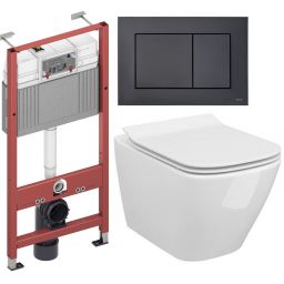 Zestaw Cersanit City Square miska WC Clean On z deską wolnoopadającą i stelaż podtynkowy Tece Base z przyciskiem spłukującym Now czarny mat (S701405, 9400407, 9240407)