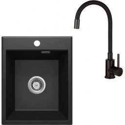 Zestaw Deante Eridan zlewozmywak granitowy z baterią kuchenną Neo Luno Nero grafit metalik połysk/czarny mat (ZQEG104, BOCN72M)