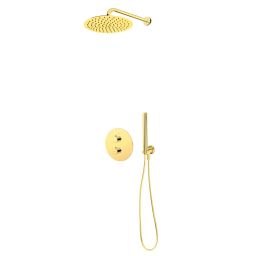 Zestaw Oltens Katla bateria podtynkowa termostatyczna z deszczownicą 30 cm Vindel i kompletem prysznicowym Ume złoty połysk 36608800