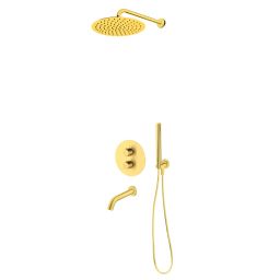 Zestaw Oltens Katla bateria podtynkowa termostatyczna z wylewką wannową Molle z deszczownicą 30 cm Vindel i kompletem prysznicowym Ume złoto szczotkowane 36611810