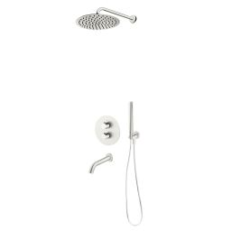 Zestaw Oltens Katla bateria podtynkowa termostatyczna z wylewką wannową Molle z deszczownicą 30 cm Vindel i kompletem prysznicowym Ume nikiel 36611910