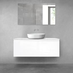 Zestaw Oltens Vernal szafka 120 cm podumywalkowa wisząca z blatem Tera biały połysk/jasny marmur 68713000