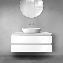 Zestaw Oltens Vernal szafka 100 cm podumywalkowa wisząca z blatem Tera biały połysk/jasny marmur 68724000