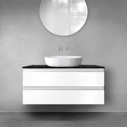 Zestaw Oltens Vernal szafka 100 cm podumywalkowa wisząca z blatem Tera biały połysk/czarny marmur 68727000