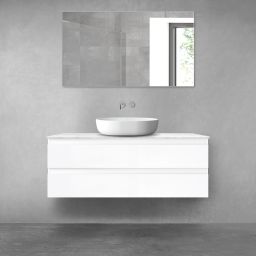 Zestaw Oltens Vernal szafka 120 cm podumywalkowa wisząca z blatem Tera biały połysk/jasny marmur 68728000