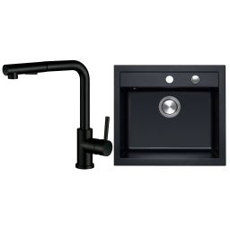 Berg Hobart zlewozmywak granitowy 56,5x51 cm z baterią kuchenną Porta bazalt/czarny mat (BRQ19104, 130231PH)
