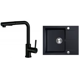 Berg Hobart zlewozmywak granitowy 59x50 cm z baterią kuchenną Porta bazalt/czarny mat (BRQ1911A, 130231PH)