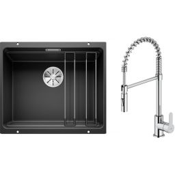 Zestaw Blanco Etagon 500-U zlewozmywak granitowy 53x46 cm z baterią kuchenną Oltens Duf czarny mat/chrom (35203100, 525887)