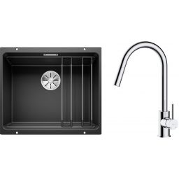 Zestaw Blanco Etagon 500-U zlewozmywak granitowy 53x46 cm z baterią kuchenną Oltens Litla czarny mat/chrom (35204100, 525887)