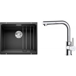 Zestaw Blanco Etagon 500-U zlewozmywak granitowy 53x46 cm z baterią kuchenną Oltens Myvat czarny mat/chrom (35205100, 525887)