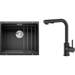 Zestaw Blanco Etagon 500-U zlewozmywak granitowy 53x46 cm z baterią kuchenną Oltens Myvat czarny mat (35205300, 525887)