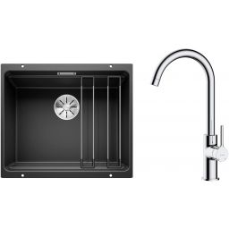 Zestaw Blanco Etagon 500-U zlewozmywak granitowy 53x46 cm z baterią kuchenną Oltens Skafta czarny mat/chrom (35206100, 525887)