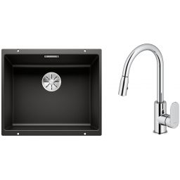 Zestaw Blanco Subline 500-U zlewozmywak granitowy 50x40 cm z baterią kuchenną Oltens Lista czarny mat/chrom (35202100, 525995)