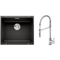 Zestaw Blanco Subline 500-U zlewozmywak granitowy 50x40 cm z baterią kuchenną Oltens Duf czarny mat/chrom (35203100, 525995)