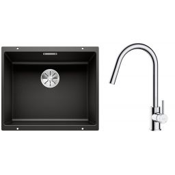 Zestaw Blanco Subline 500-U zlewozmywak granitowy 50x40 cm z baterią kuchenną Oltens Litla czarny mat/chrom (35204100, 525995)