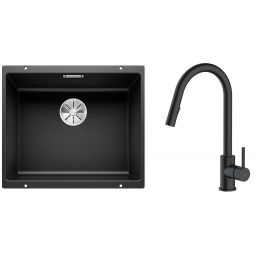 Zestaw Blanco Subline 500-U zlewozmywak granitowy 50x40 cm z baterią kuchenną Oltens Litla czarny mat (35204300, 525995)