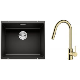 Zestaw Blanco Subline 500-U zlewozmywak granitowy 50x40 cm z baterią kuchenną Oltens Litla czarny mat/złoty połysk (35204800, 525995)