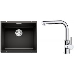 Zestaw Blanco Subline 500-U zlewozmywak granitowy 50x40 cm z baterią kuchenną Oltens Myvat czarny mat/chrom (35205100, 525995)