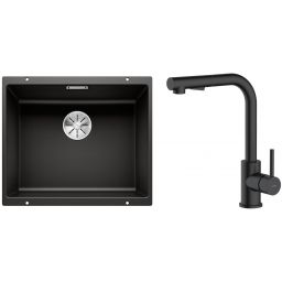 Zestaw Blanco Subline 500-U zlewozmywak granitowy 50x40 cm z baterią kuchenną Oltens Myvat czarny mat (35205300, 525995)