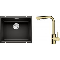 Zestaw Blanco Subline 500-U zlewozmywak granitowy 50x40 cm z baterią kuchenną Oltens Myvat czarny mat/złoty połysk (35205800, 525995)