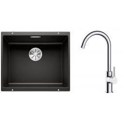 Zestaw Blanco Subline 500-U zlewozmywak granitowy 50x40 cm z baterią kuchenną Oltens Skafta czarny mat/chrom (35206100, 525995)