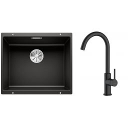 Zestaw Blanco Subline 500-U zlewozmywak granitowy 50x40 cm z baterią kuchenną Oltens Skafta czarny mat (35206300, 525995)
