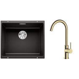 Zestaw Blanco Subline 500-U zlewozmywak granitowy 50x40 cm z baterią kuchenną Oltens Skafta czarny mat/złoty połysk (35206800, 525995)