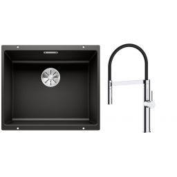 Zestaw Blanco Subline 500-U zlewozmywak granitowy 50x40 cm z baterią kuchenną Oltens Borga czarny mat/chrom (35207100, 525995)